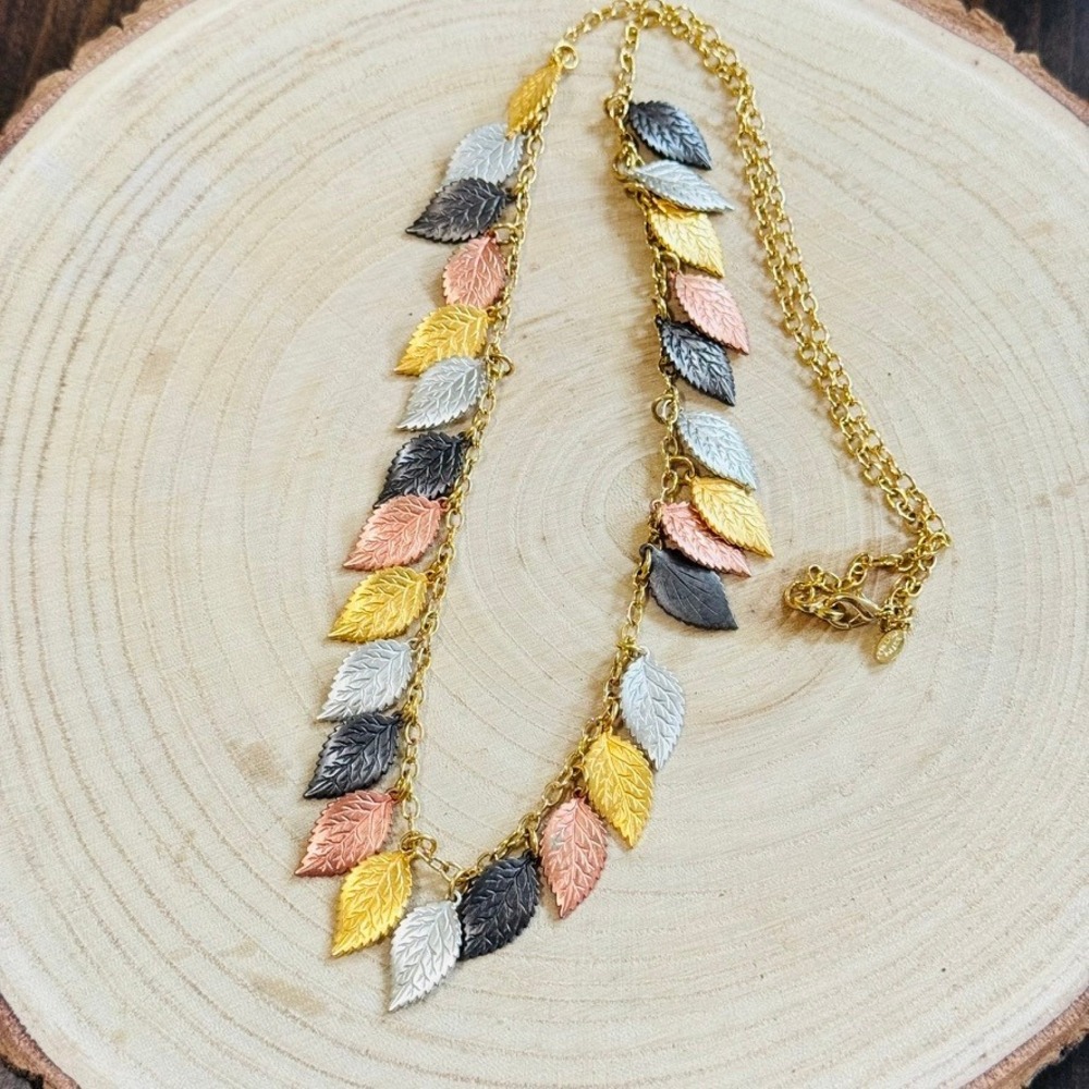 KJL Kenneth Jay Lane Necklace VTG Signed Chunky Leaf dangle Tri color chain 30"